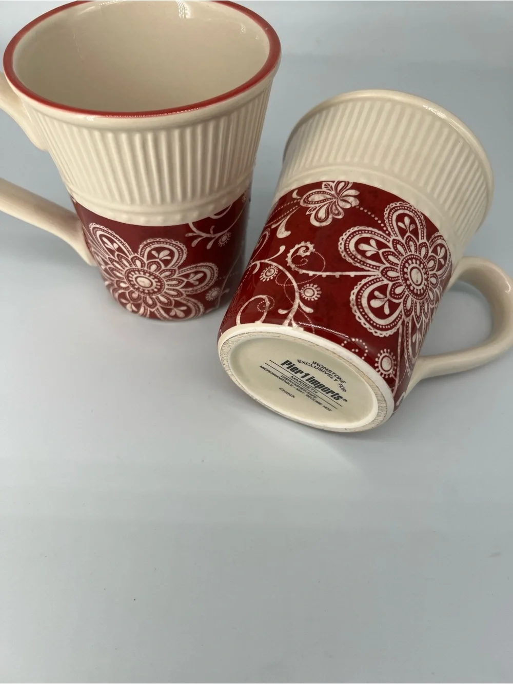 Pier 1 Imports vintage Cream and Red Floral holiday Ceramic Mugs - Set of 2